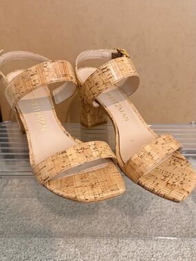 Stuart Weitzman Cork Block Heel Sandals in Natural